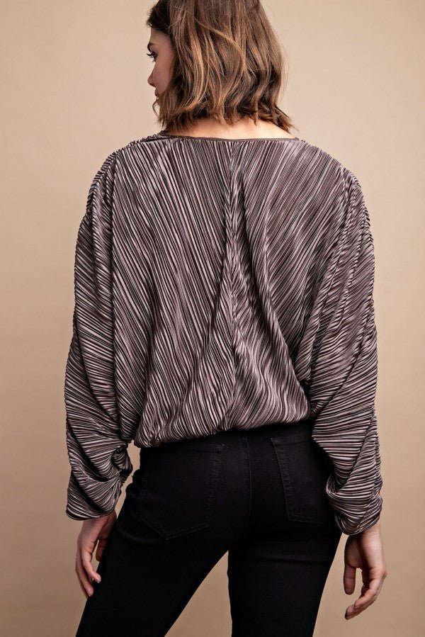 Satin Mocha Pleated Drawstring Top With Snap Button