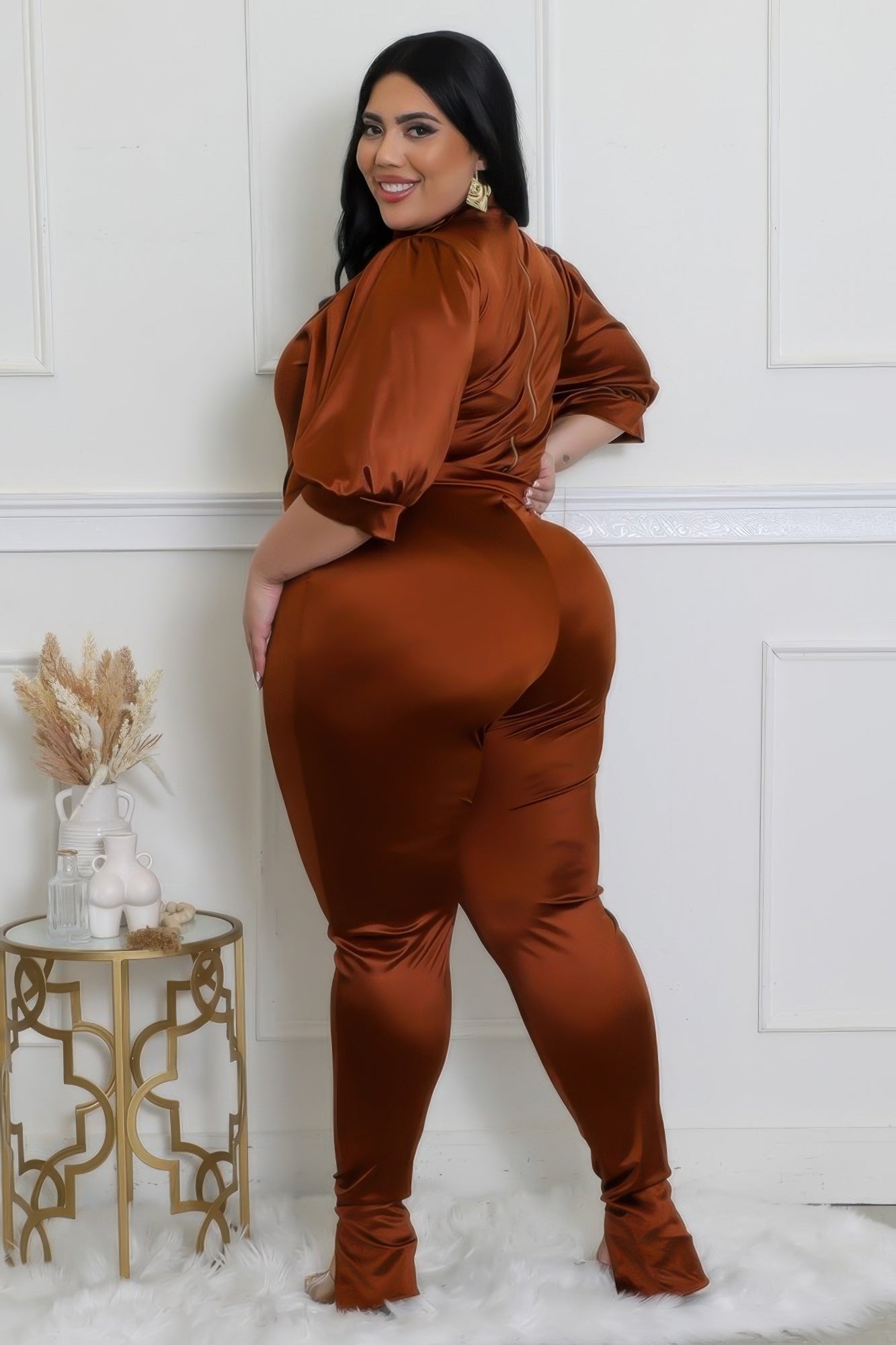Curvy mocha two-piece bodysuit, semi-stretch with satin finish, round neckline, high-waisted pants, plus size fashion.