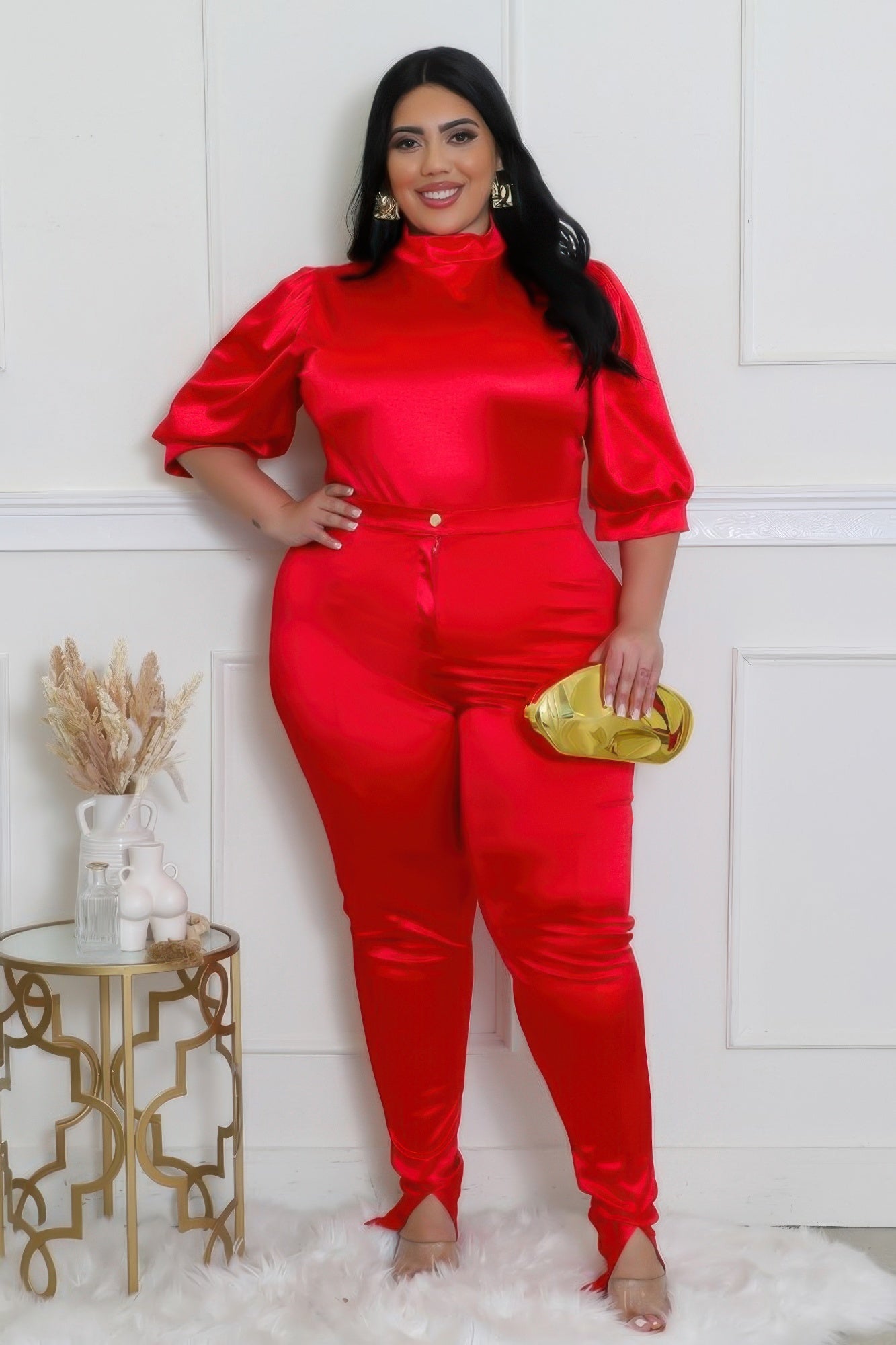 Stylish red semi-stretch satin bodysuit two-piece set with high-waisted pants, round neckline, and short sleeves.