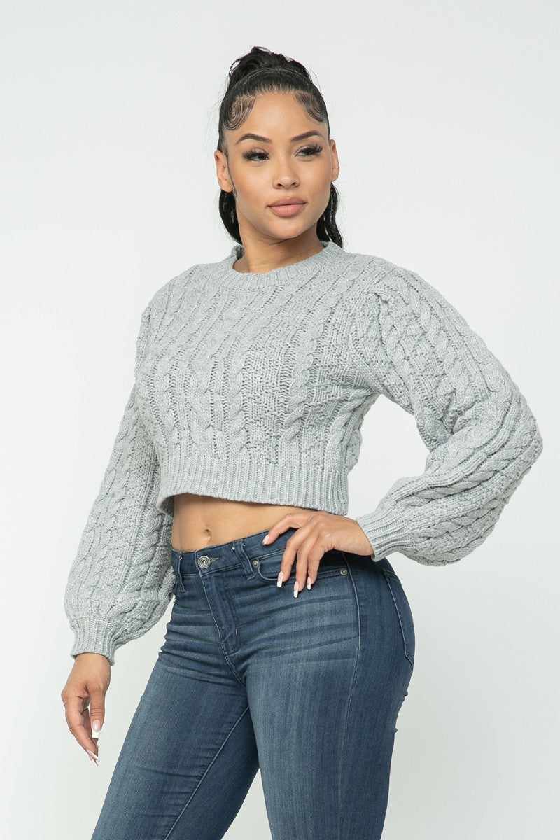 Solid Cable Pullover Top-Heather Grey