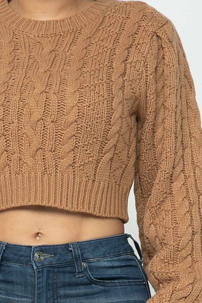 Solid Cable Pullover Top-Mocha