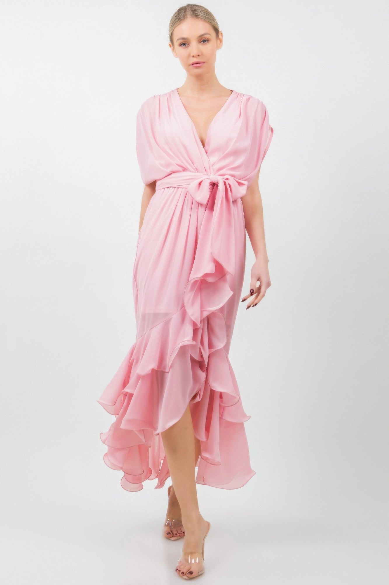 Mauve solid tie waist ruffle midi dress with soft ruffle detailing, featuring a flattering tie waist fit, elegant and feminine design.