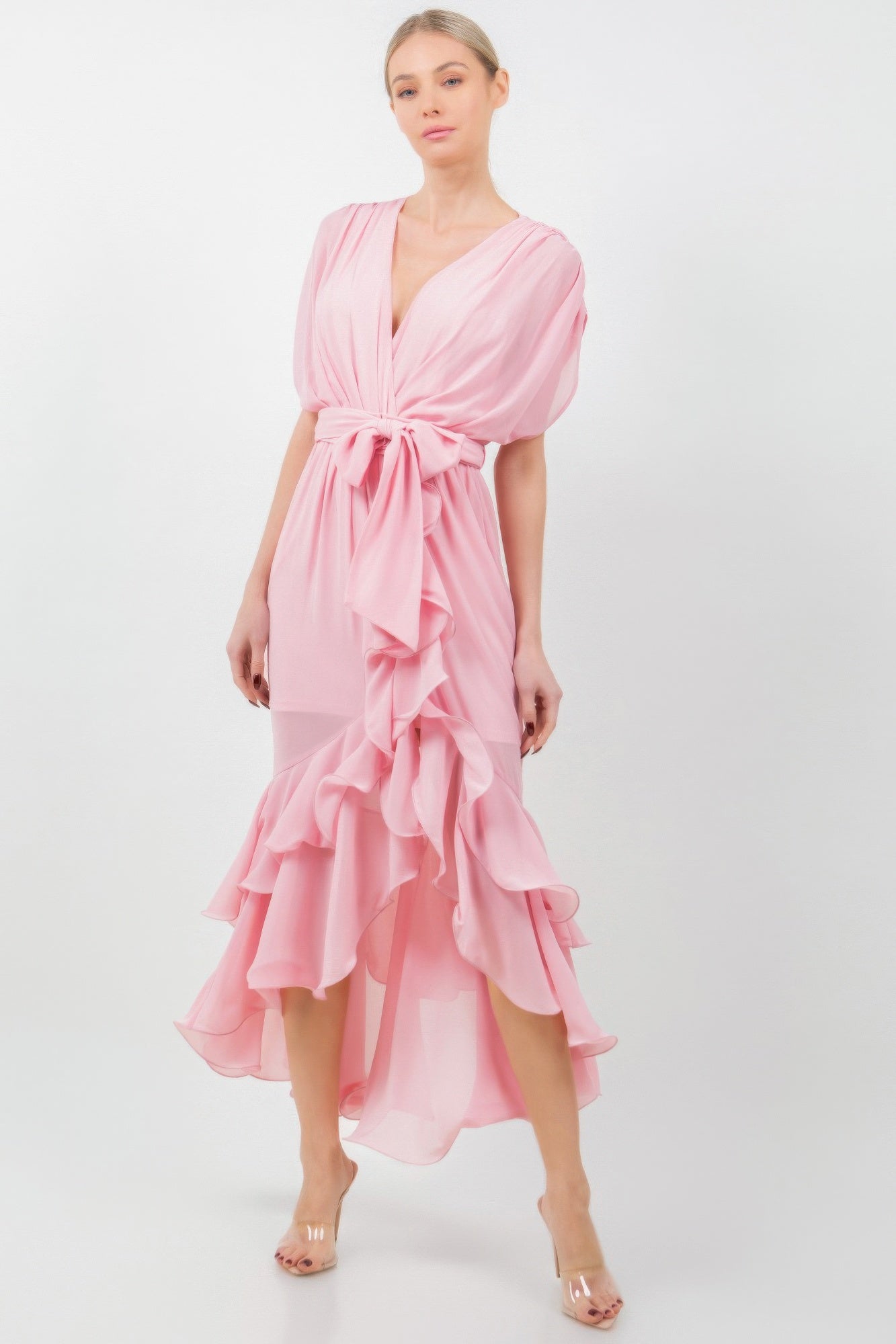 Mauve solid tie waist ruffle midi dress with elegant ruffles, perfect for casual or brunch outings.