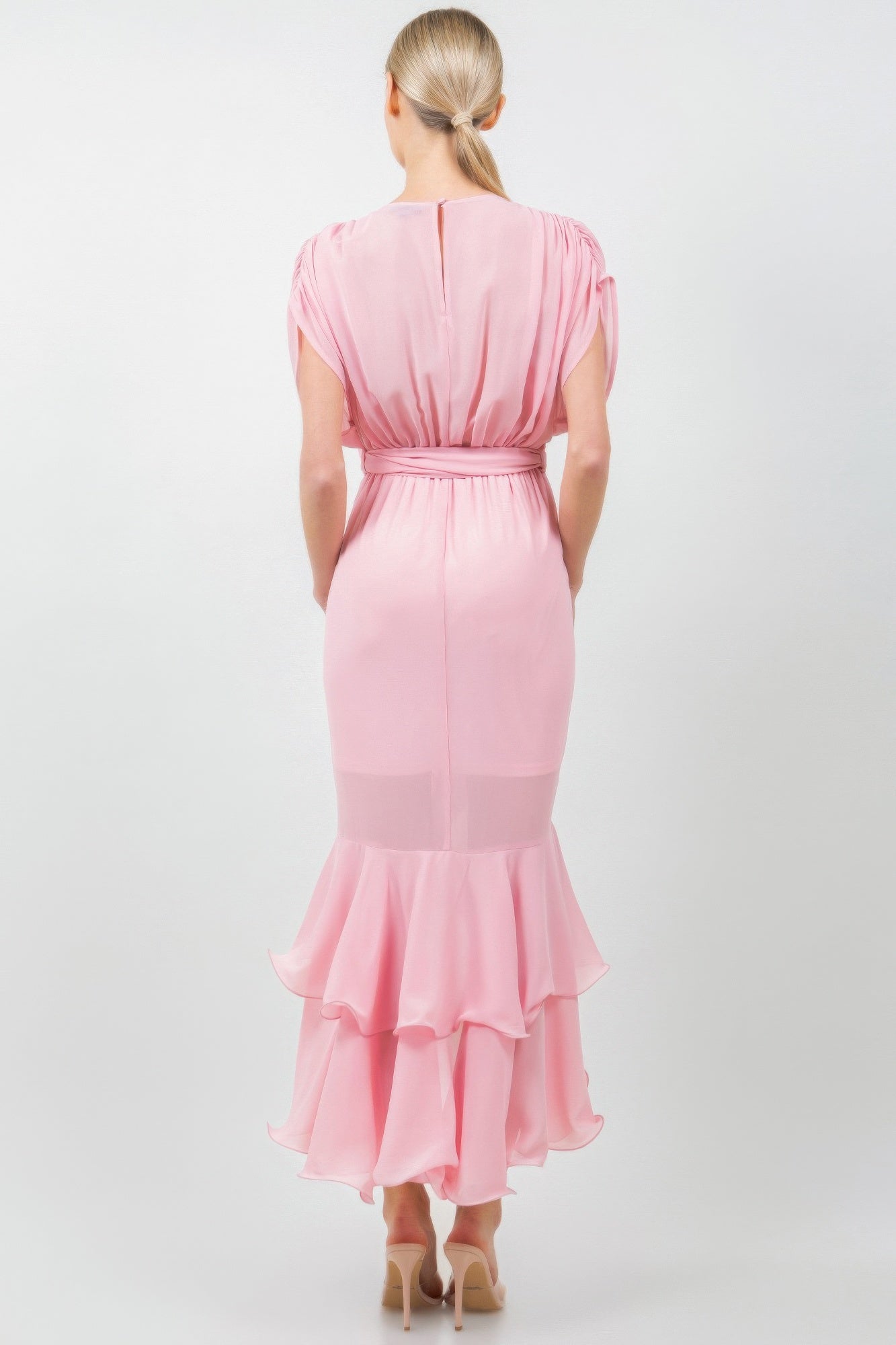 Back view of mauve tie waist ruffle midi dress, featuring elegant ruffle details and a comfortable fit for stylish occasions.