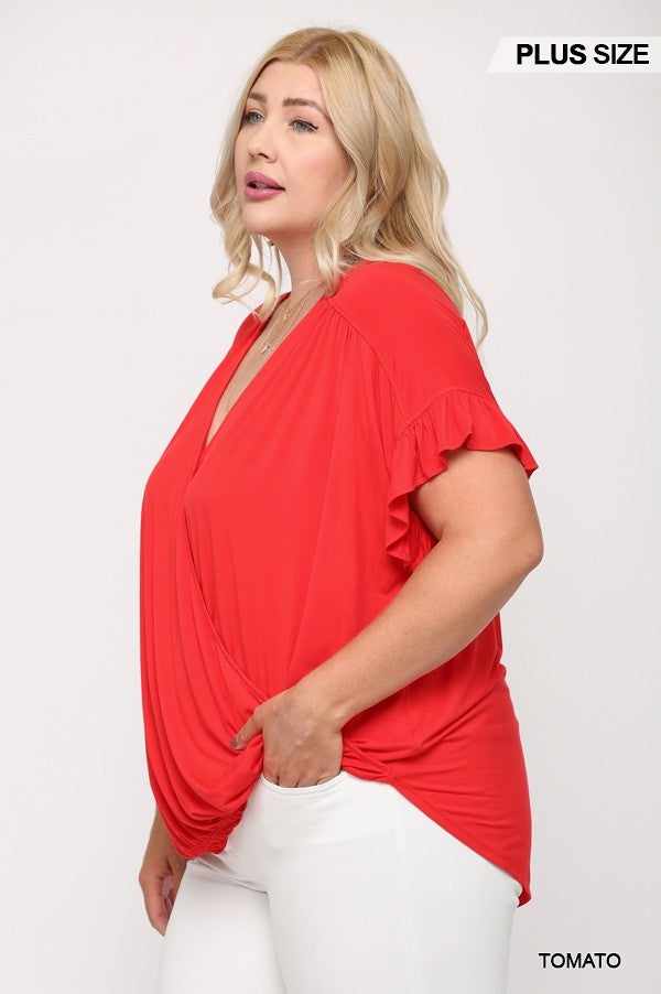 Solid Viscose Knit Surplice Top With Ruffle Sleeve-Tomato