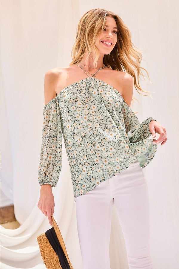 Strap Halter Neck Balloon Sleeve Floral Print Top-Sea Foam