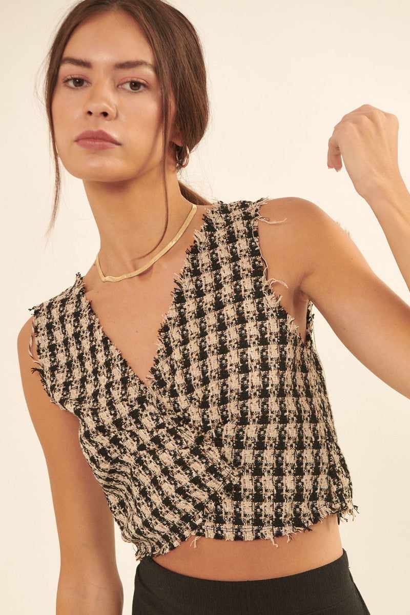 V Neckline Plaid Woven Vest-Black