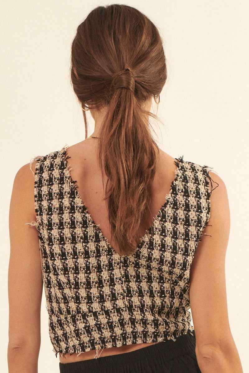 V Neckline Plaid Woven Vest-Black