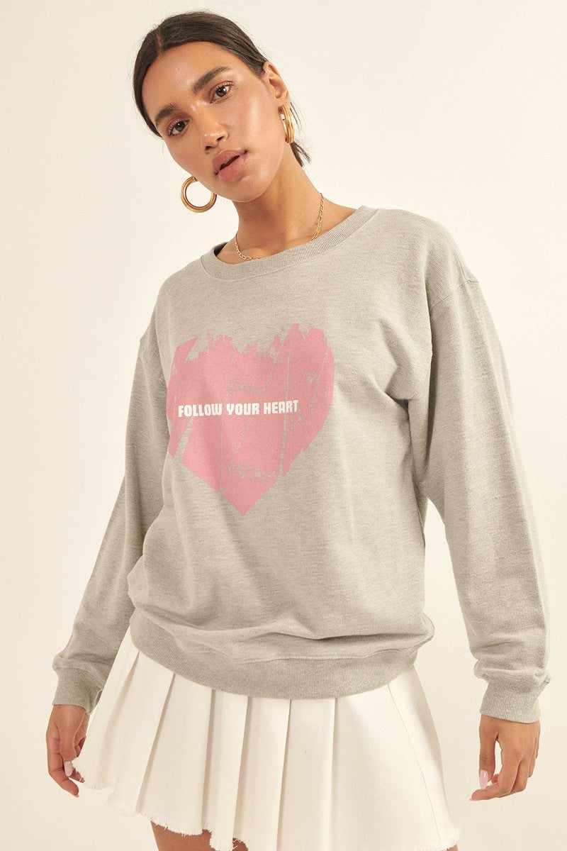 Vintage-style Heart Graphic Print French Terry Knit Sweatshirt-Heather