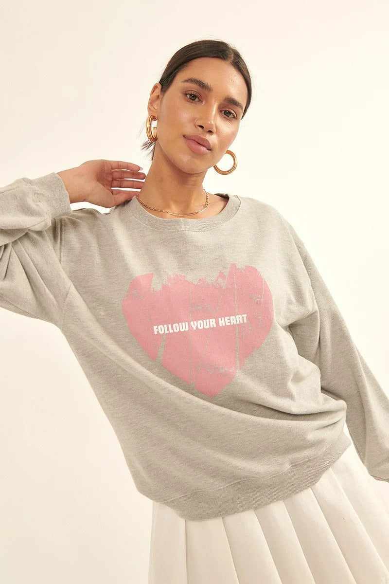 Vintage-style Heart Graphic Print French Terry Knit Sweatshirt-Heather
