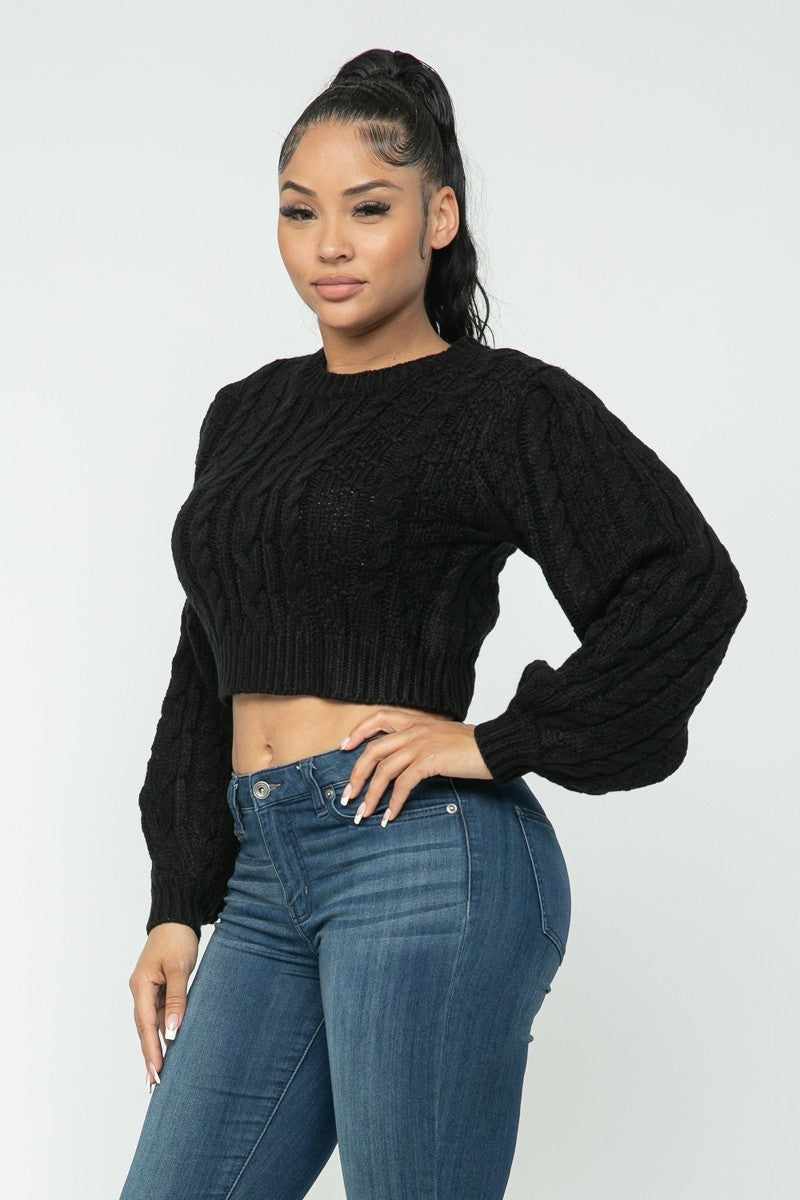 Women's Black Cable Knit Pullover Sweater-Black