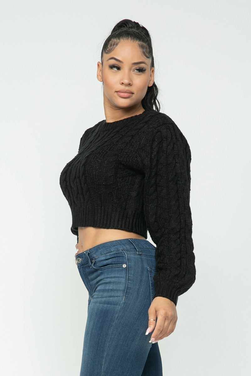 Women's Black Cable Knit Pullover Sweater-Black