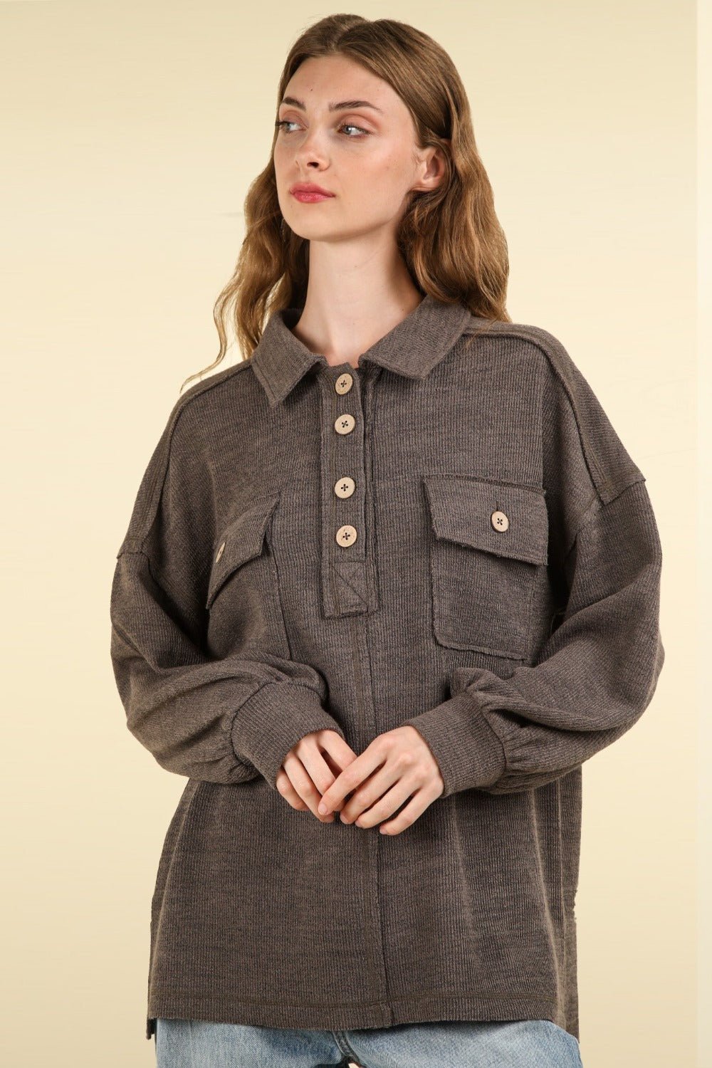 Women's charcoal collared half button knit top with pockets, oversized fit, long sleeves, casual and stylish wardrobe essential