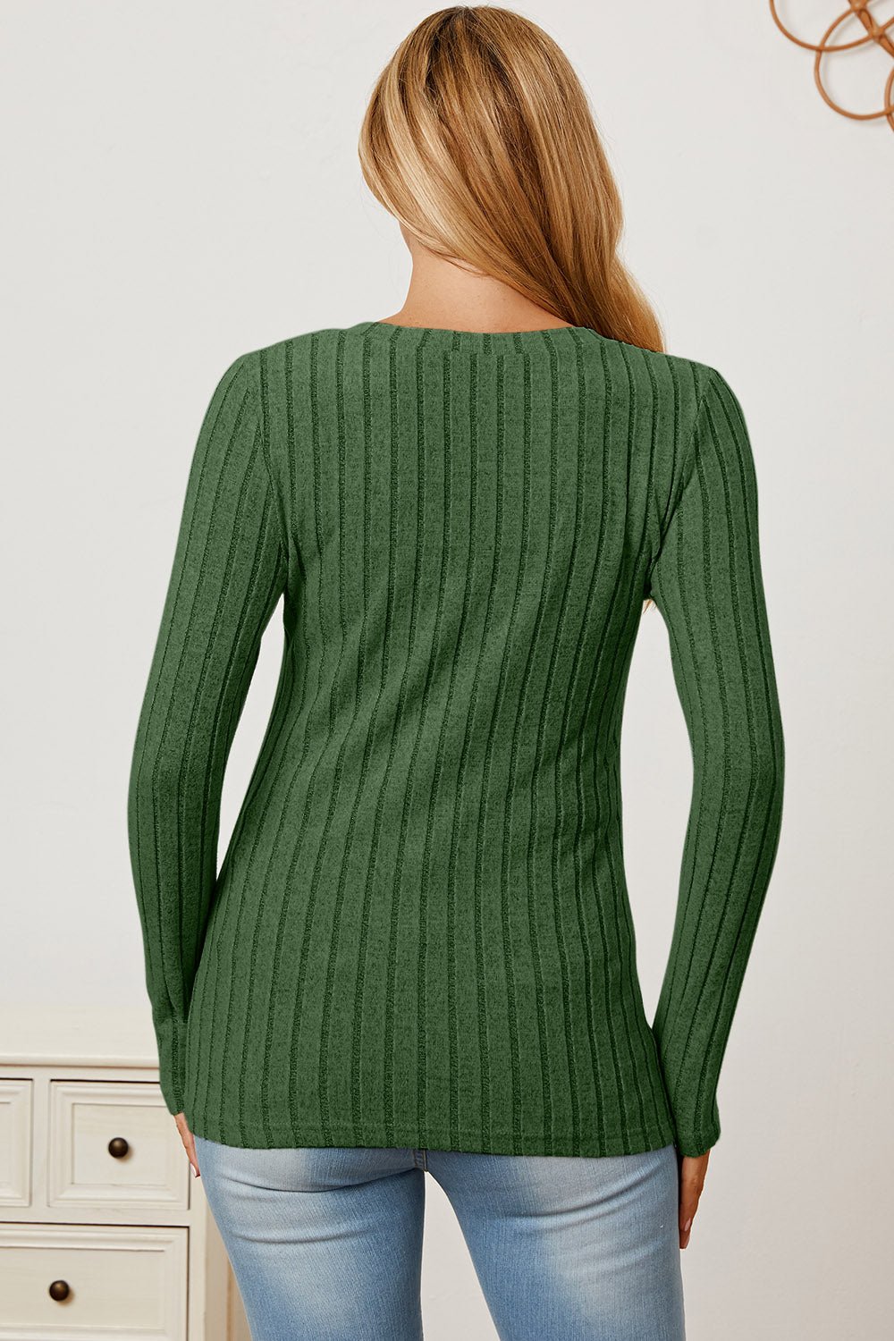 Green ribbed V-neck long sleeve t-shirt back view, slightly stretchy fabric, perfect for casual style and comfort.