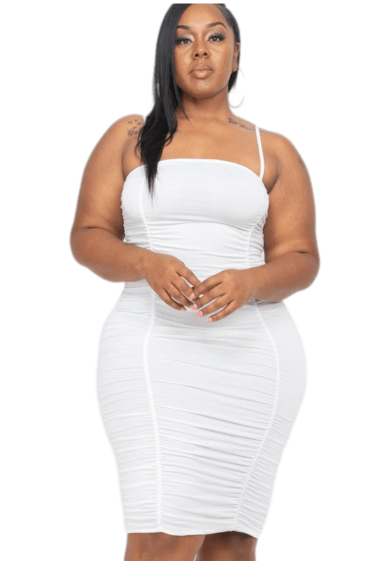 Plus size model wearing white Your Way Ruched Midi Dress with spaghetti straps and ruched details, showcasing stretch knit fabric.