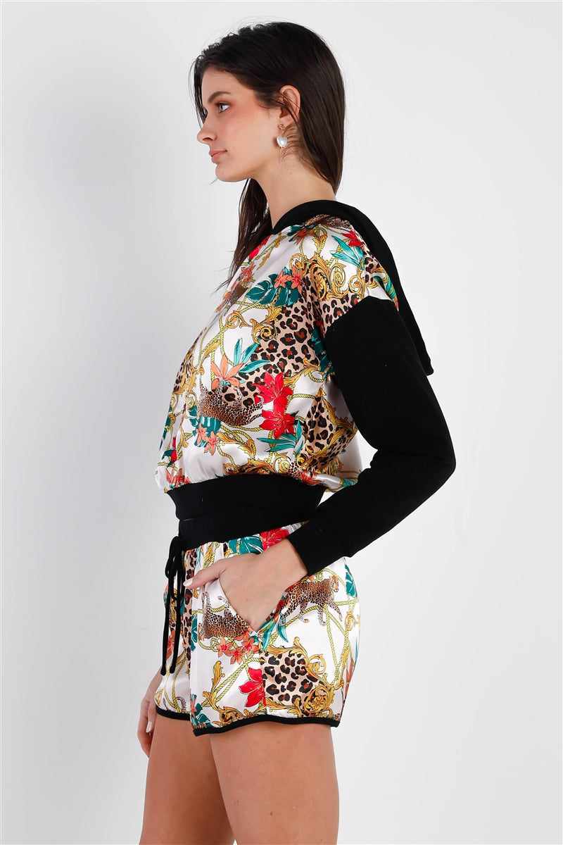 Animal Print Hooded Top & Short Set-Black