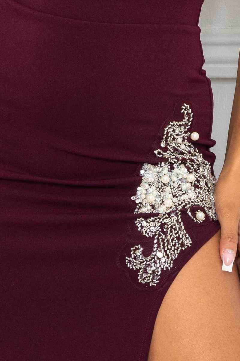 Beaded Embroidered Near Slit Detail Maxi Dress-Maroon