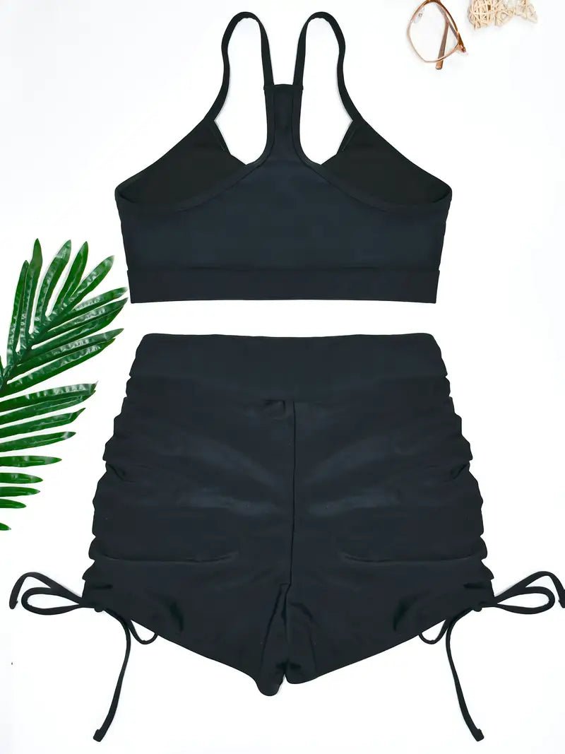 Black Ruched Bikini Set | Athletic High-Waisted Two-Piece