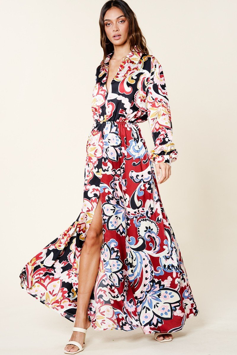 Black/Burgundy Color Block Printed V Neck Dress