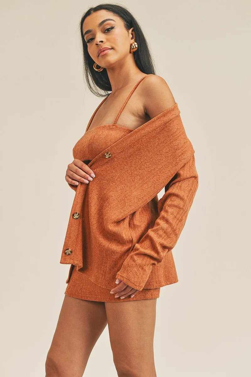 Cardigan Solid Color 3 Piece Set-Rust