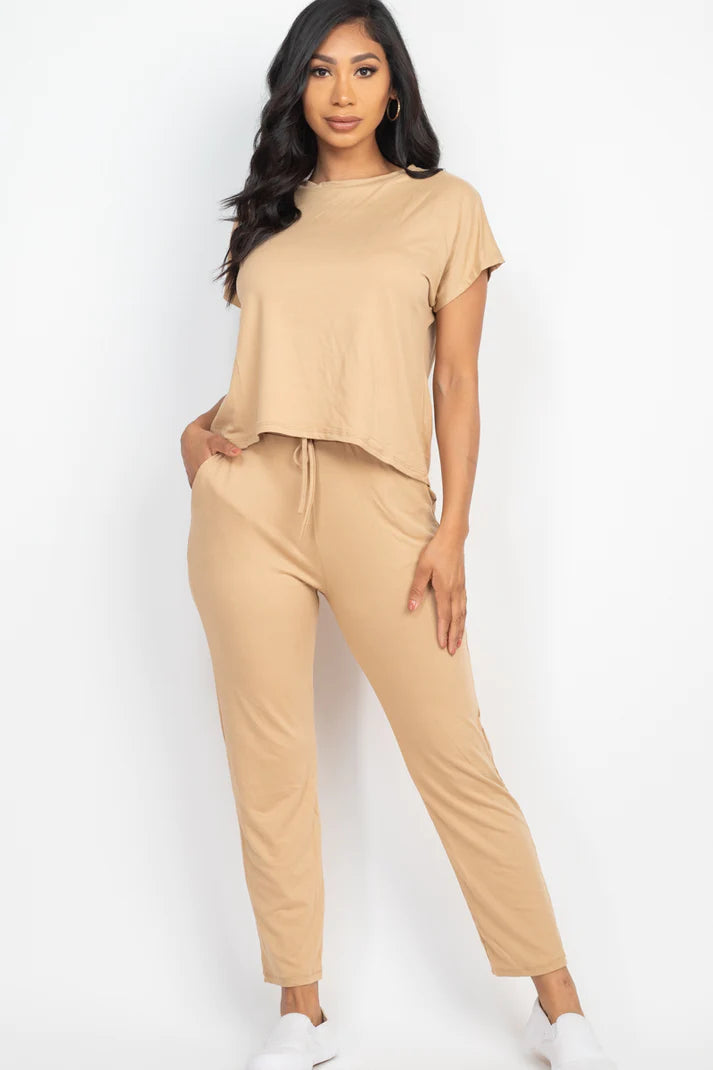 Casual Short Sleeve Loose Fit Top & Pants Set-Jade