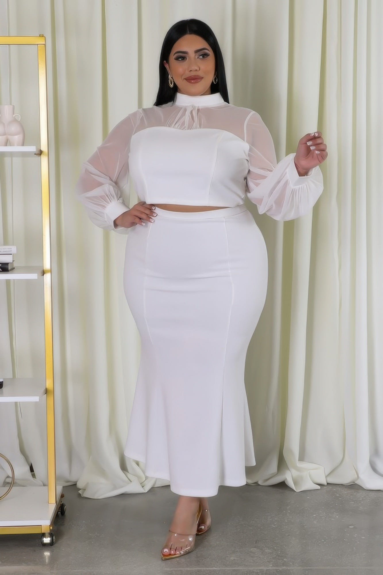 Curvy Glam Stretch Skirt Set in white with mesh accents, mock neckline, and high-waisted skirt, perfect for chic and versatile style.