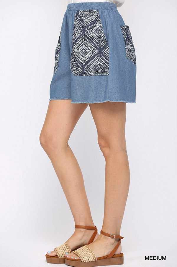 Denim Elastic Waist Shorts-Medium Denim