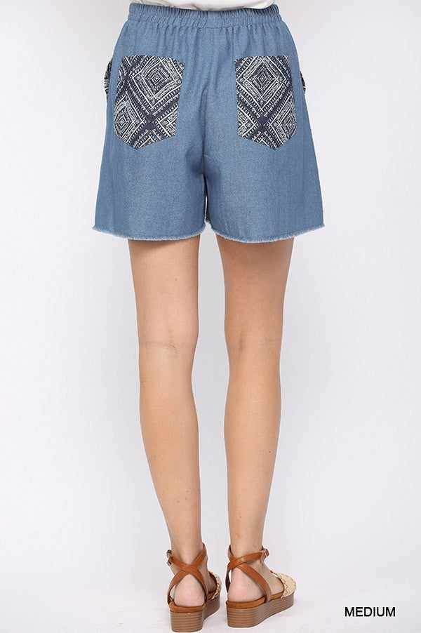 Denim Elastic Waist Shorts-Medium Denim