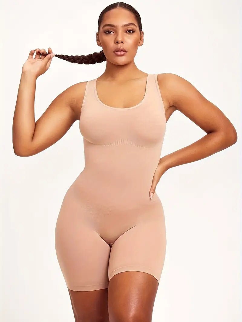 Elegant stretch fit knit bodysuit with abdominal control, slim fit silhouette, and crew neckline. Soft, breathable fabric for all-season wear.