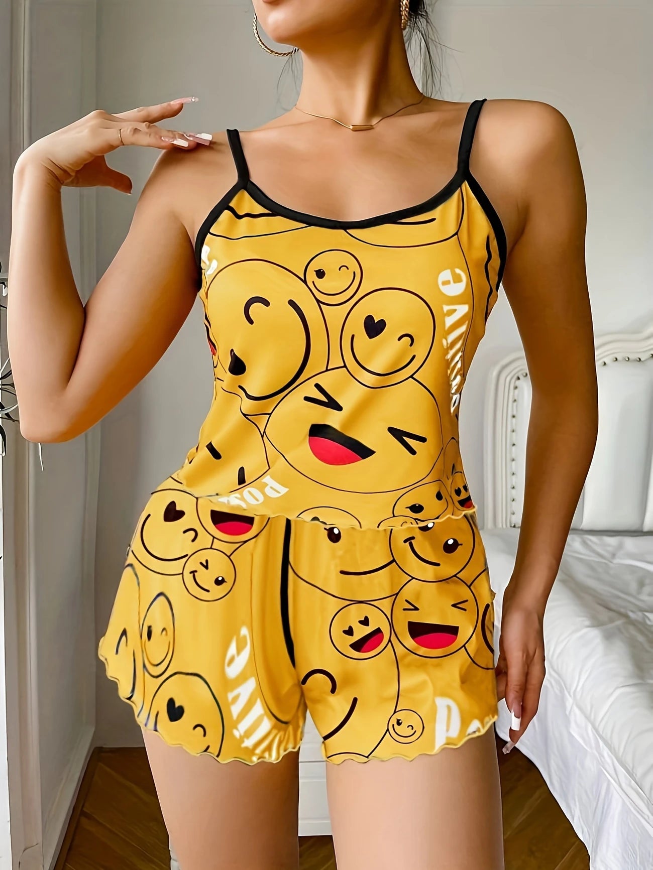 Emoji Print Satin Pajama Set | Cute Cami Top & Shorts Sleepwear for Women