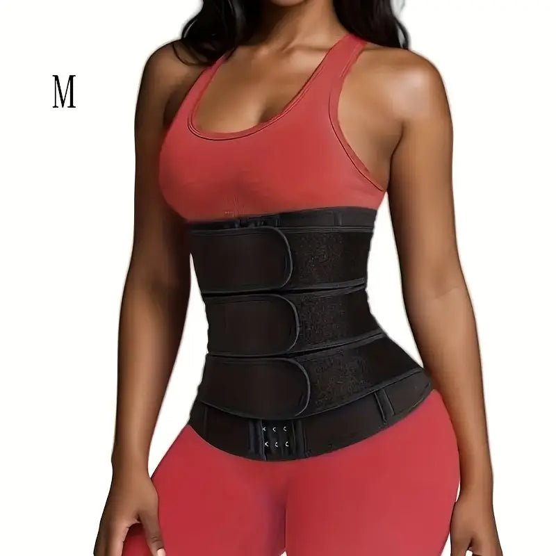 Woman wearing black adjustable triple-row buckle waist trainer belt for tummy control and slimming effect.