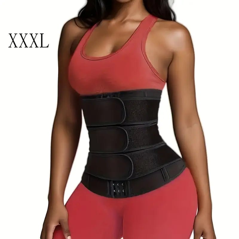 Triple-row buckle waist trainer belt for tummy control and slimming, adjustable fit, breathable neoprene in XXL size, black.