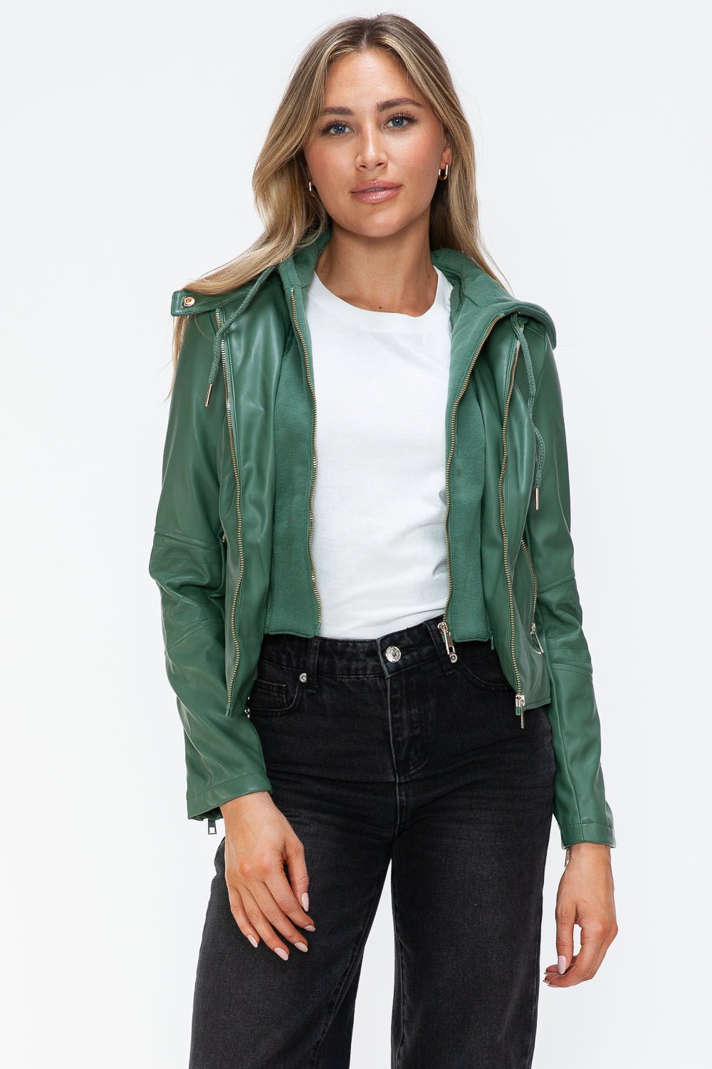 Woman wearing green faux leather zip-up drawstring hooded jacket with pockets, casual style, not lined, 100% pleather.