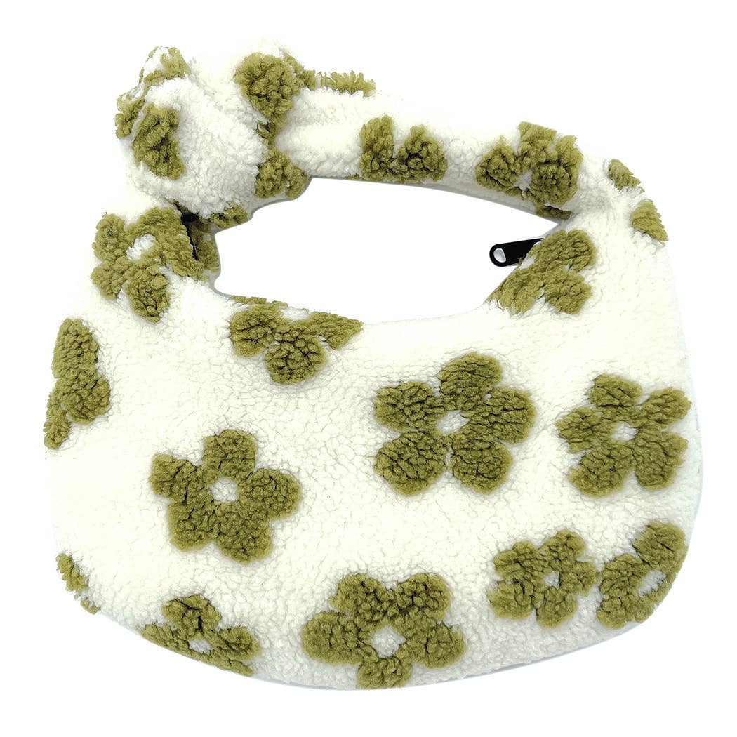 Floral Pattern Sherpa Bag with green flowers, perfect for fall and winter, made of 100% polyester. Matching bucket hat and mittens available.