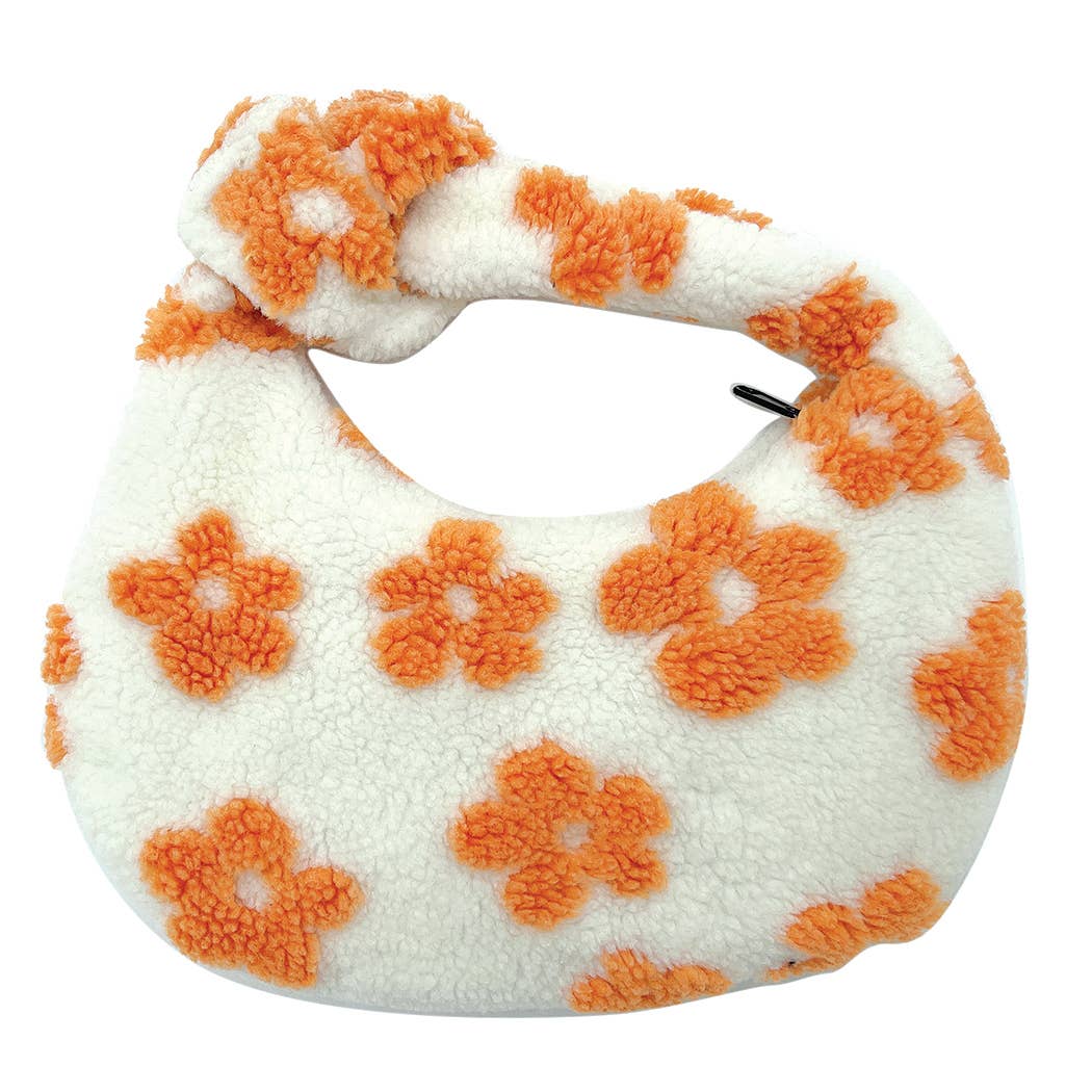 Floral pattern sherpa bag in orange and white, perfect for fall and winter, made of 100% polyester with matching accessories available.