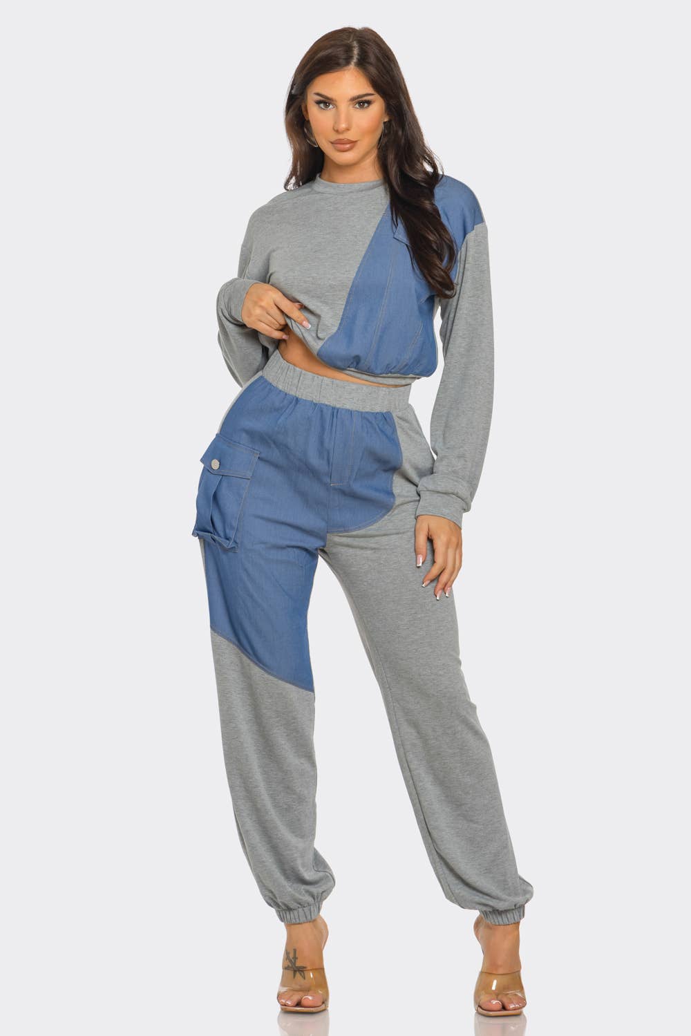 French Terry color block denim detail top and pants set with pockets, featuring round neck and elastic waistband.