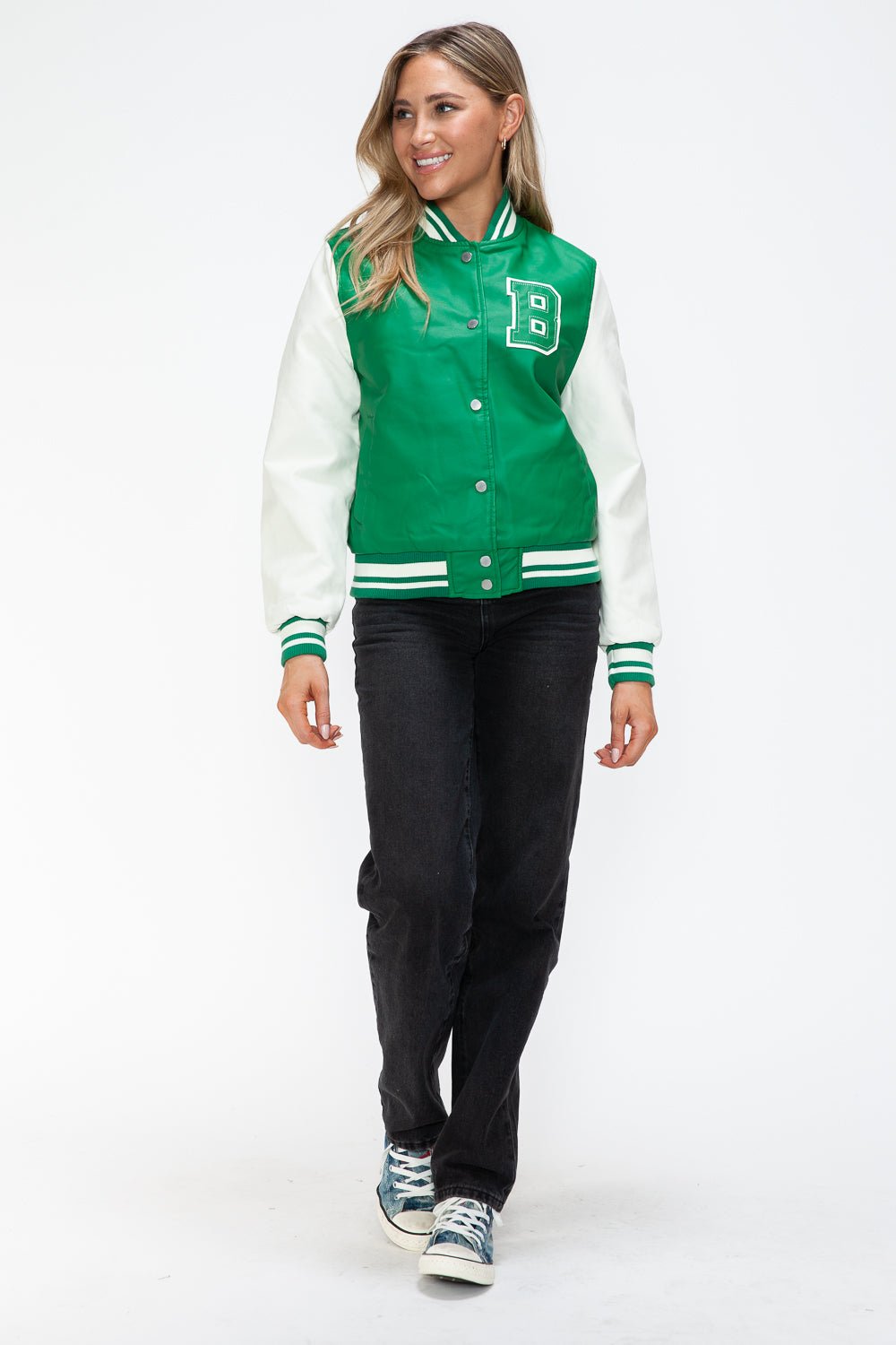 Woman wearing Green Milk PU Leather Contrast Snap Down Bomber Jacket with green and white design, casual style.