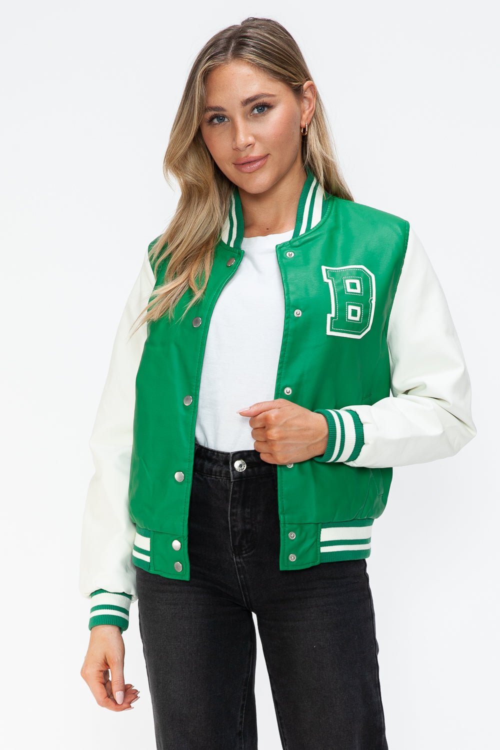 Green PU leather bomber jacket with contrast snap down, basic style, not lined, modeled with a white shirt and black jeans.