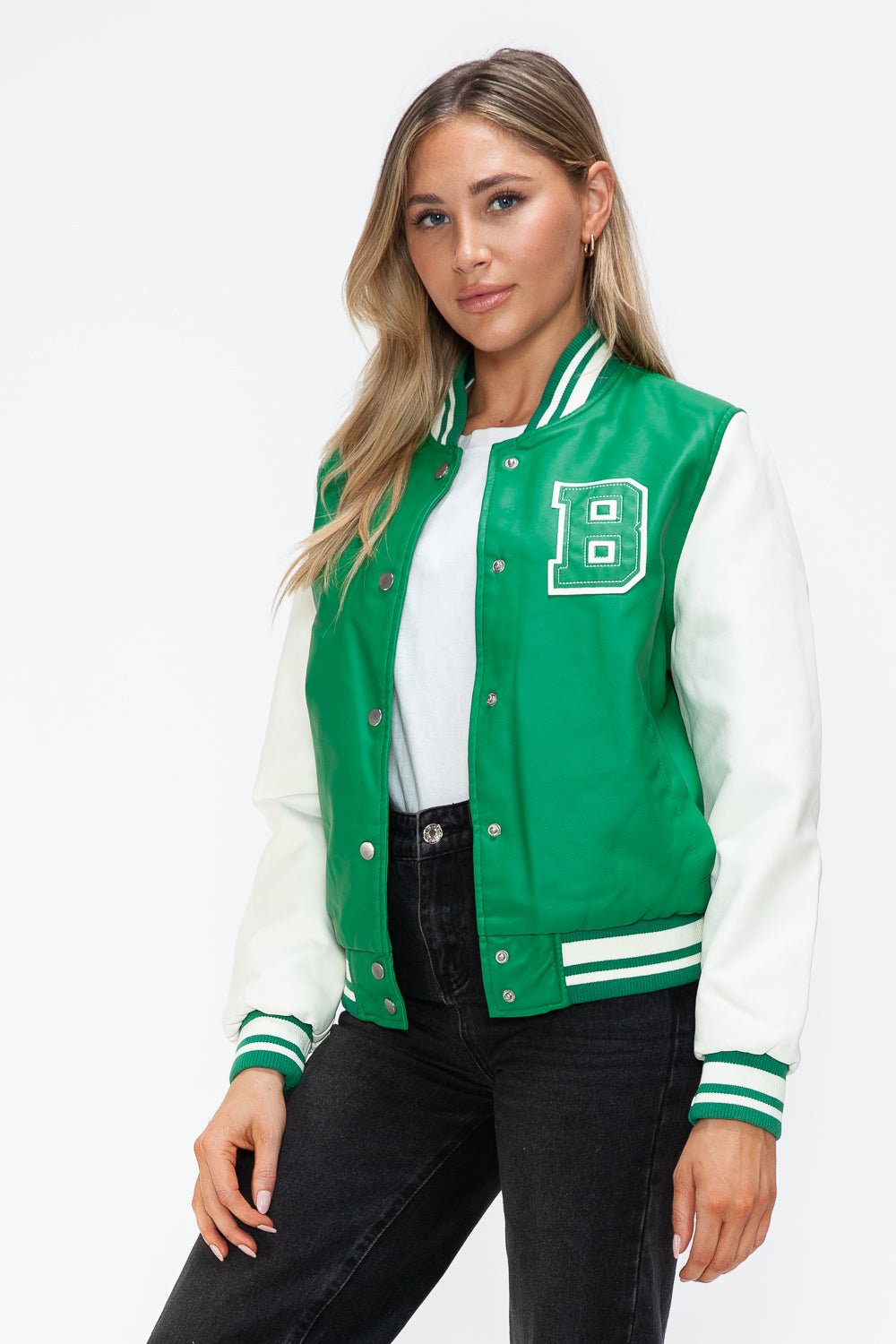 Green Milk PU Leather Bomber Jacket with Contrast Snap Down, White Sleeves, and Embroidered Patch.