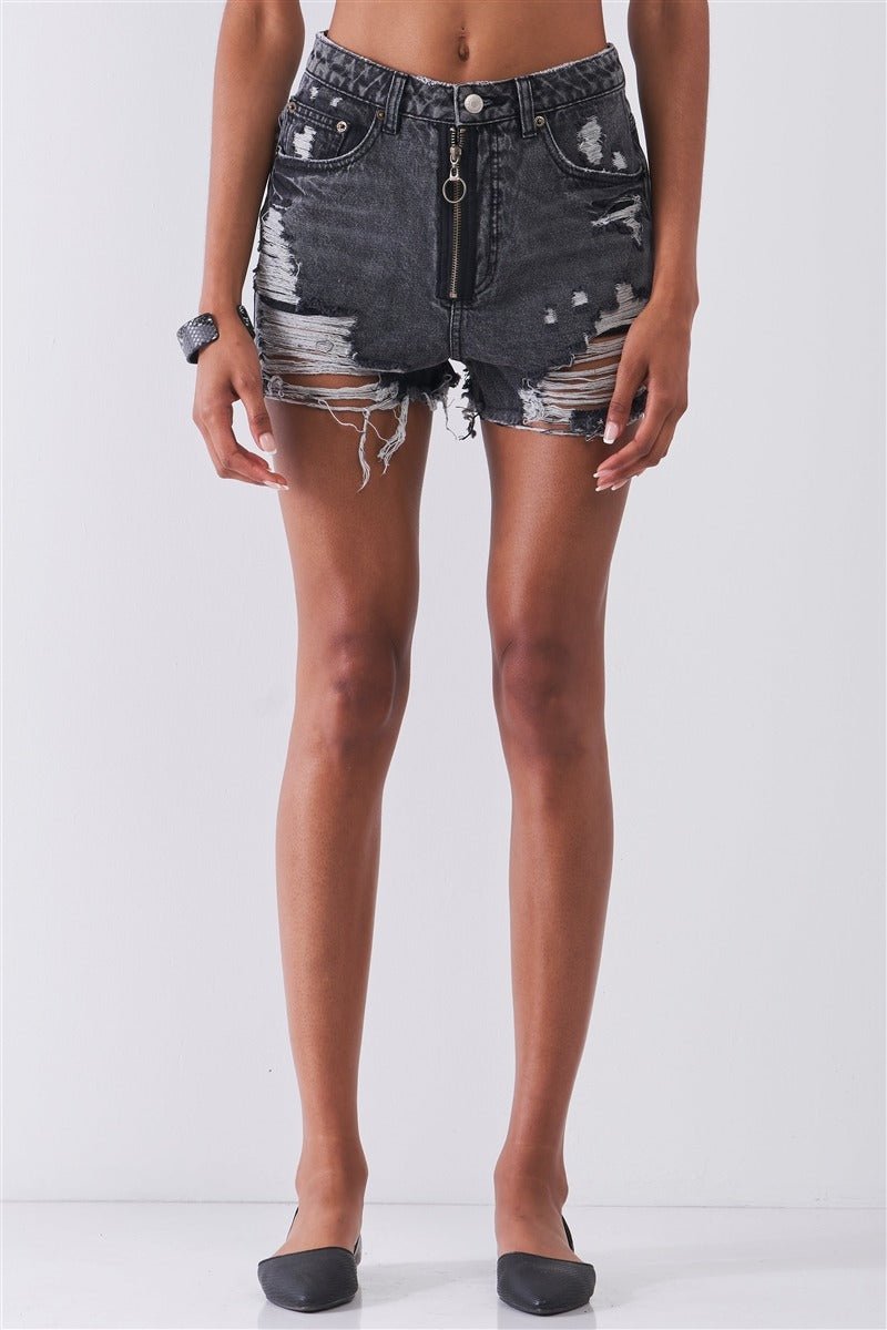 Ripped High-waist Front Zip-up Raw Hem Detail Distressed Mini Shorts-
