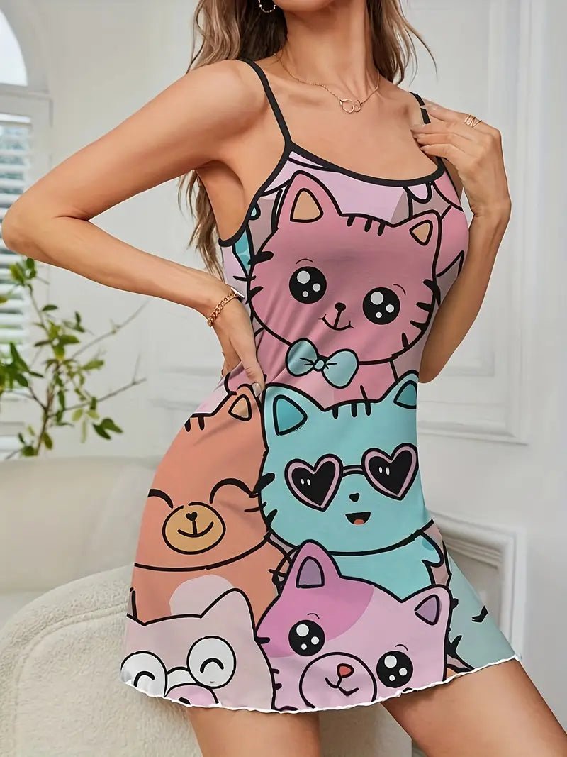 Kawaii Cat Party Slip Dress - Cute Cartoon Kitten Print Sleepwear