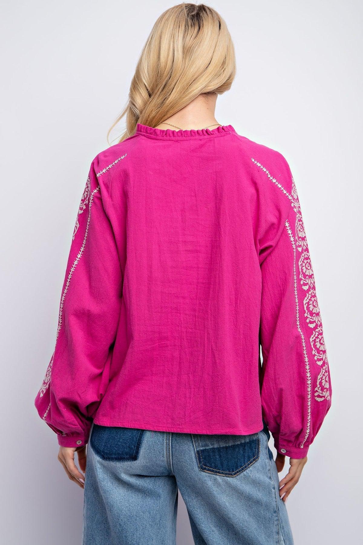 Linen Gauze Embroidered Top-Magenta