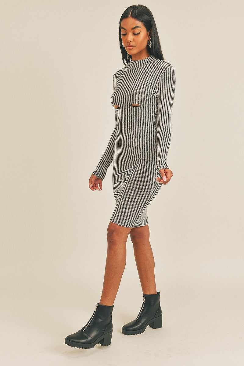 Long Sleeve Stripe Print Midi Dress-Black/White