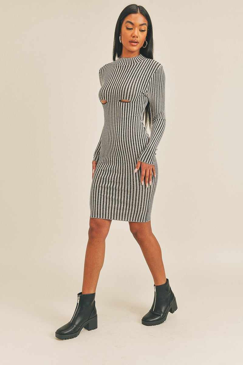 Long Sleeve Stripe Print Midi Dress-Black/White