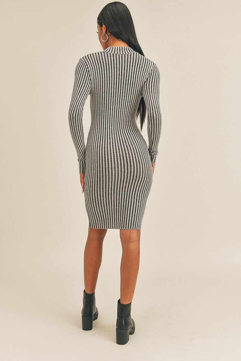 Long Sleeve Stripe Print Midi Dress-Black/White