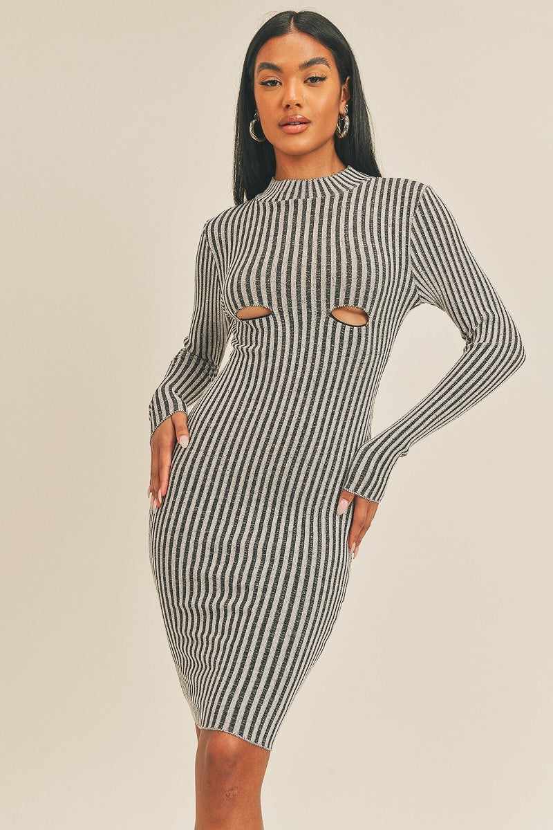 Long Sleeve Stripe Print Midi Dress-Black/White