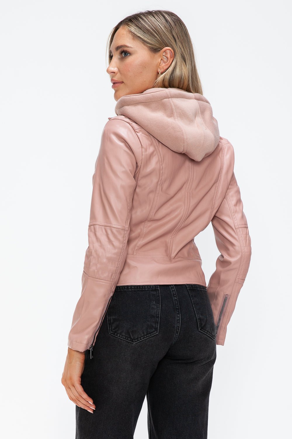 Mauve faux leather hooded jacket with zip-up design and drawstring, shown from the back, featuring pockets and pleather material.