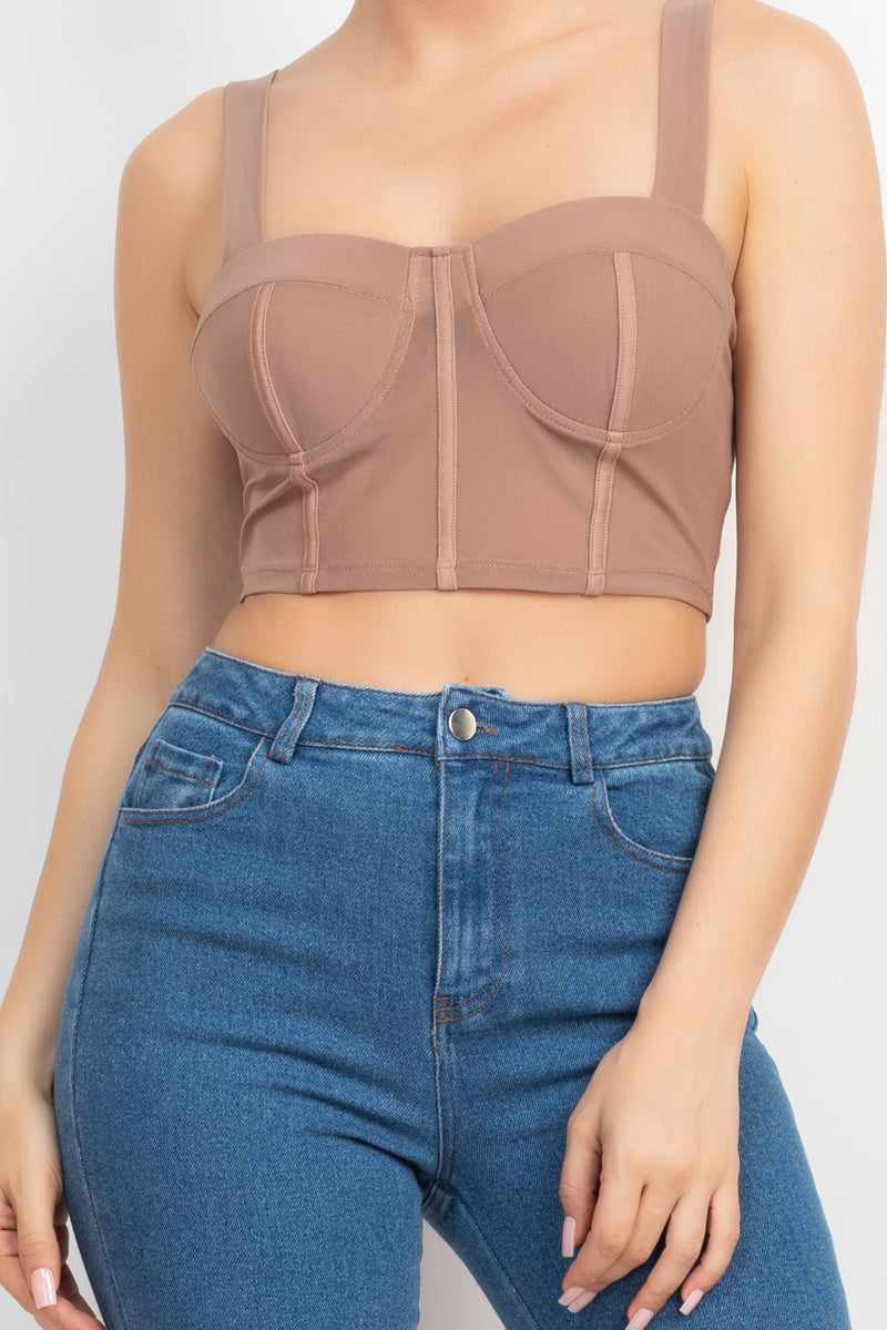 Contrasting Mesh Padded Tank Top-Mocha