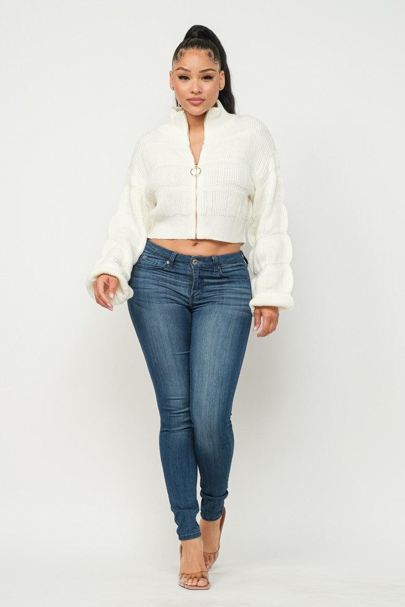 Michelin Sweater Top W/ Front Zipper-Cream