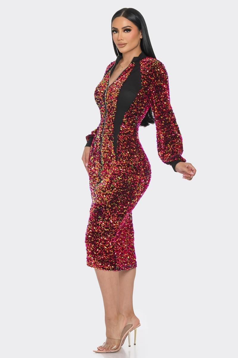 Midi Two Way Zip Up Sequin Contrast Dress-Red